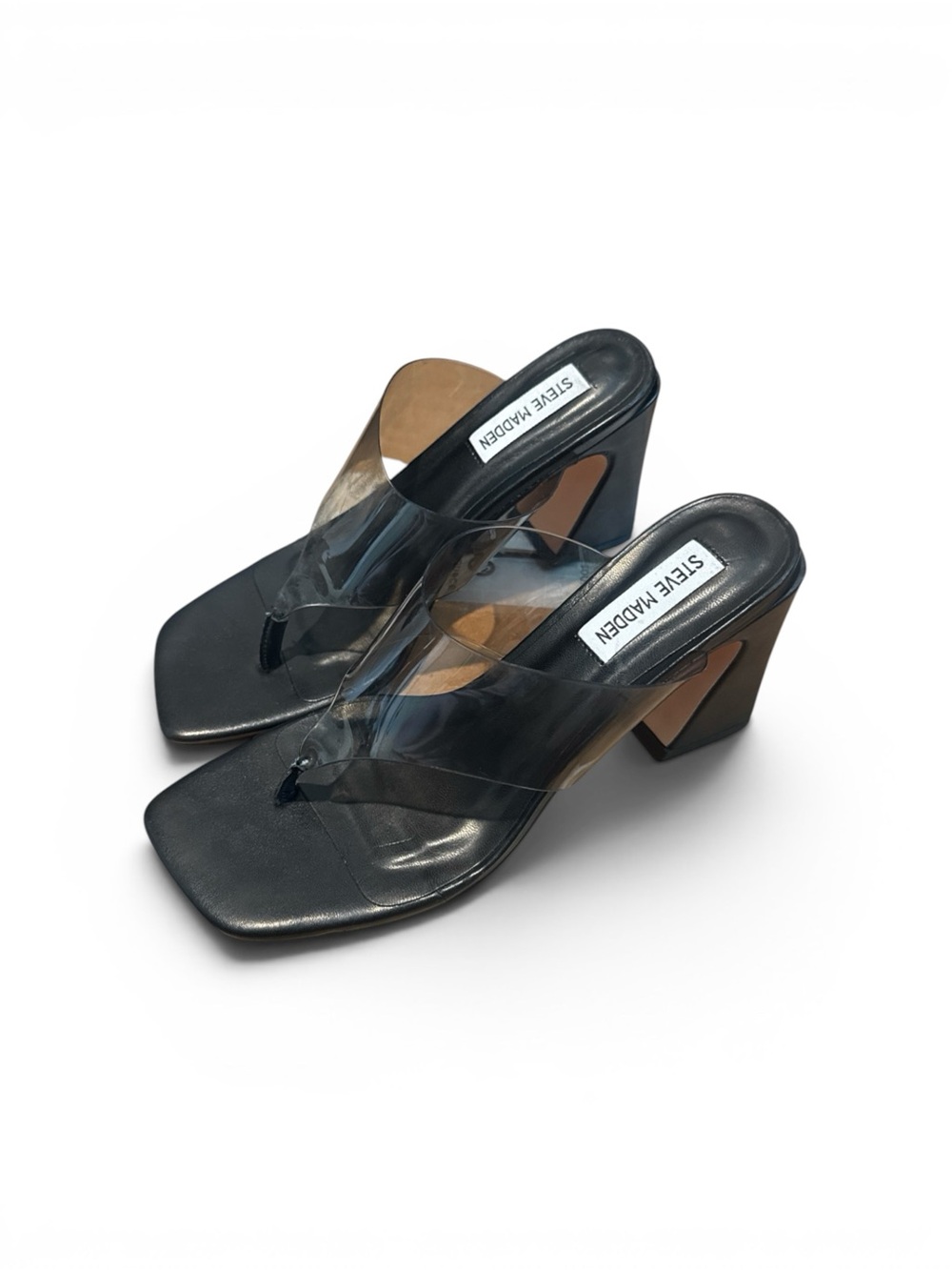 Steve Madden Feeva Black Square-Toe Clear Grey Strap Block Heels Size 6.5 - Picture 11 of 13
